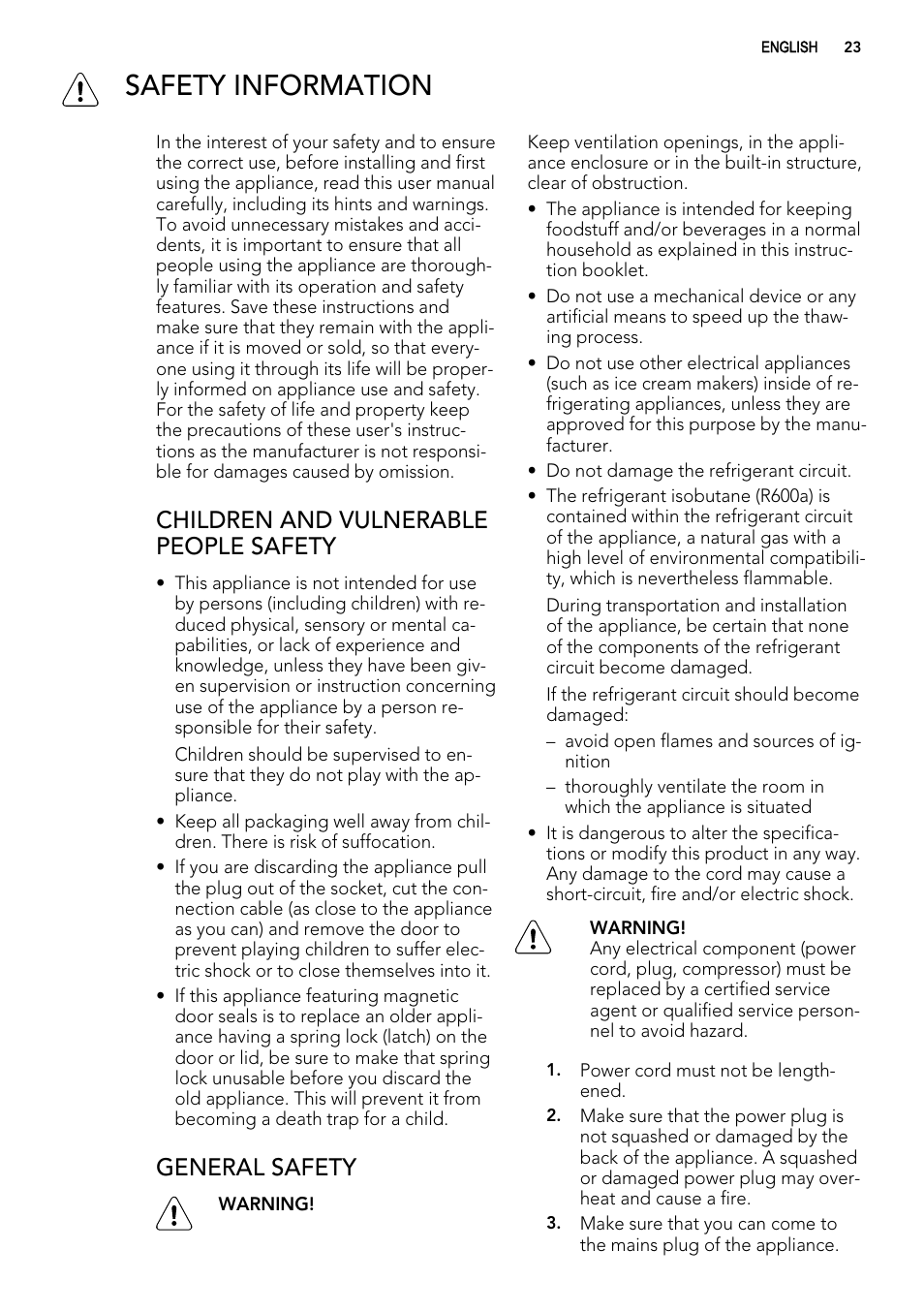 Safety information, Children and vulnerable people safety, General safety | AEG A61900HLW0 User Manual | Page 23 / 84