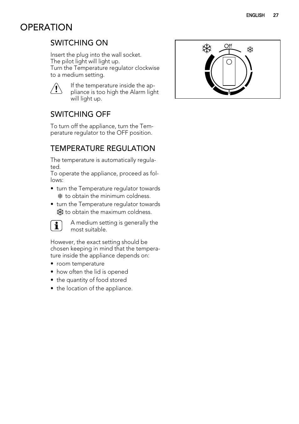 Operation, Switching on, Switching off | Temperature regulation | AEG A61900HLW0 User Manual | Page 27 / 84