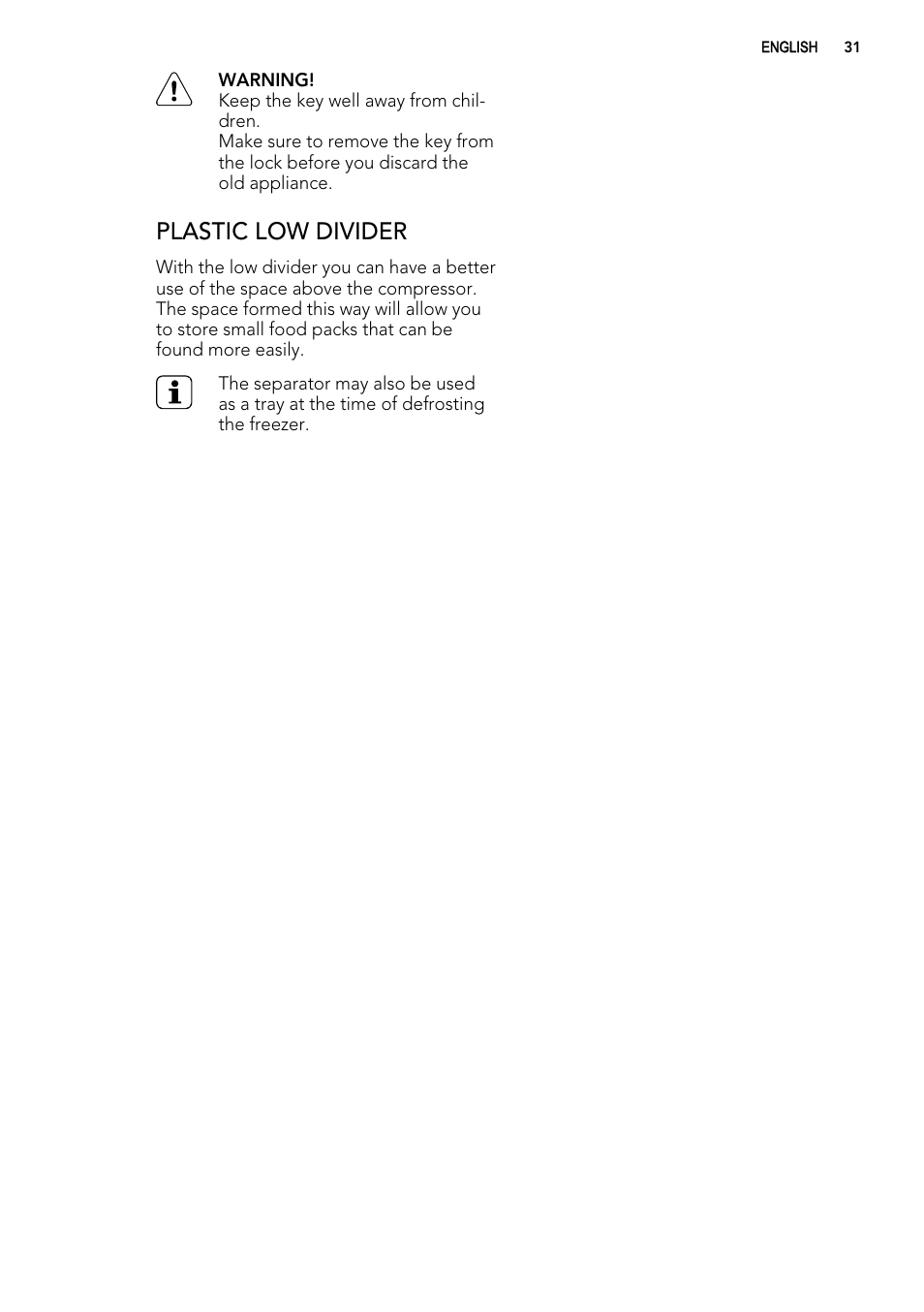 Plastic low divider | AEG A61900HLW0 User Manual | Page 31 / 84