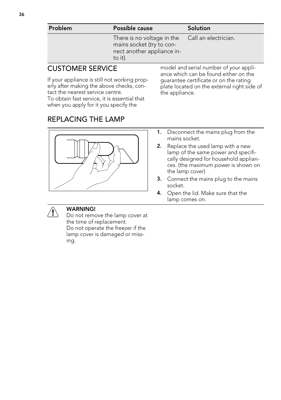 Customer service, Replacing the lamp | AEG A61900HLW0 User Manual | Page 36 / 84