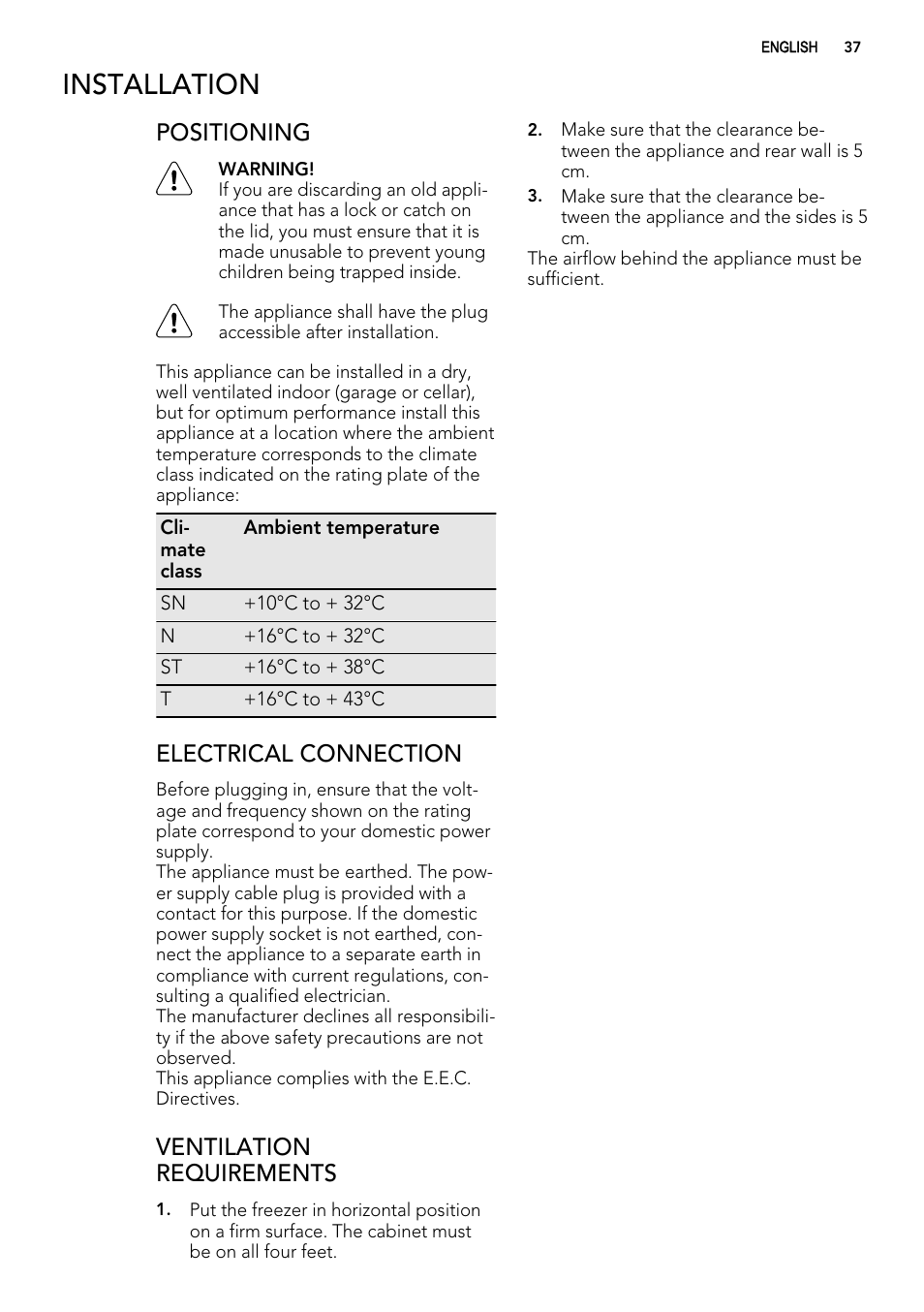 Installation, Positioning, Electrical connection | Ventilation requirements | AEG A61900HLW0 User Manual | Page 37 / 84