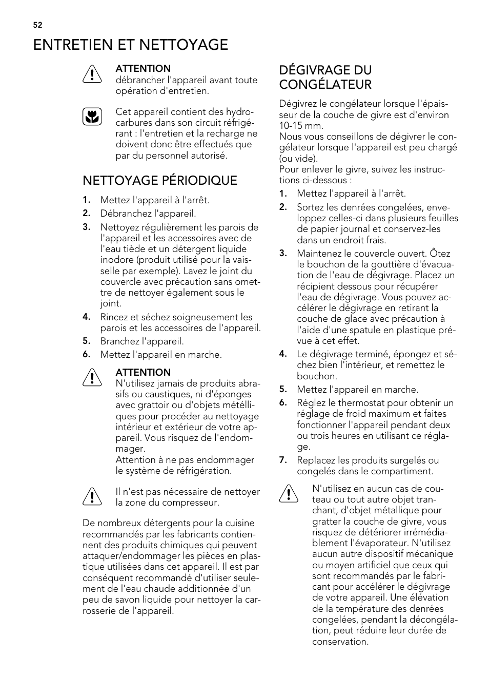 Entretien et nettoyage, Nettoyage périodique, Dégivrage du congélateur | AEG A61900HLW0 User Manual | Page 52 / 84