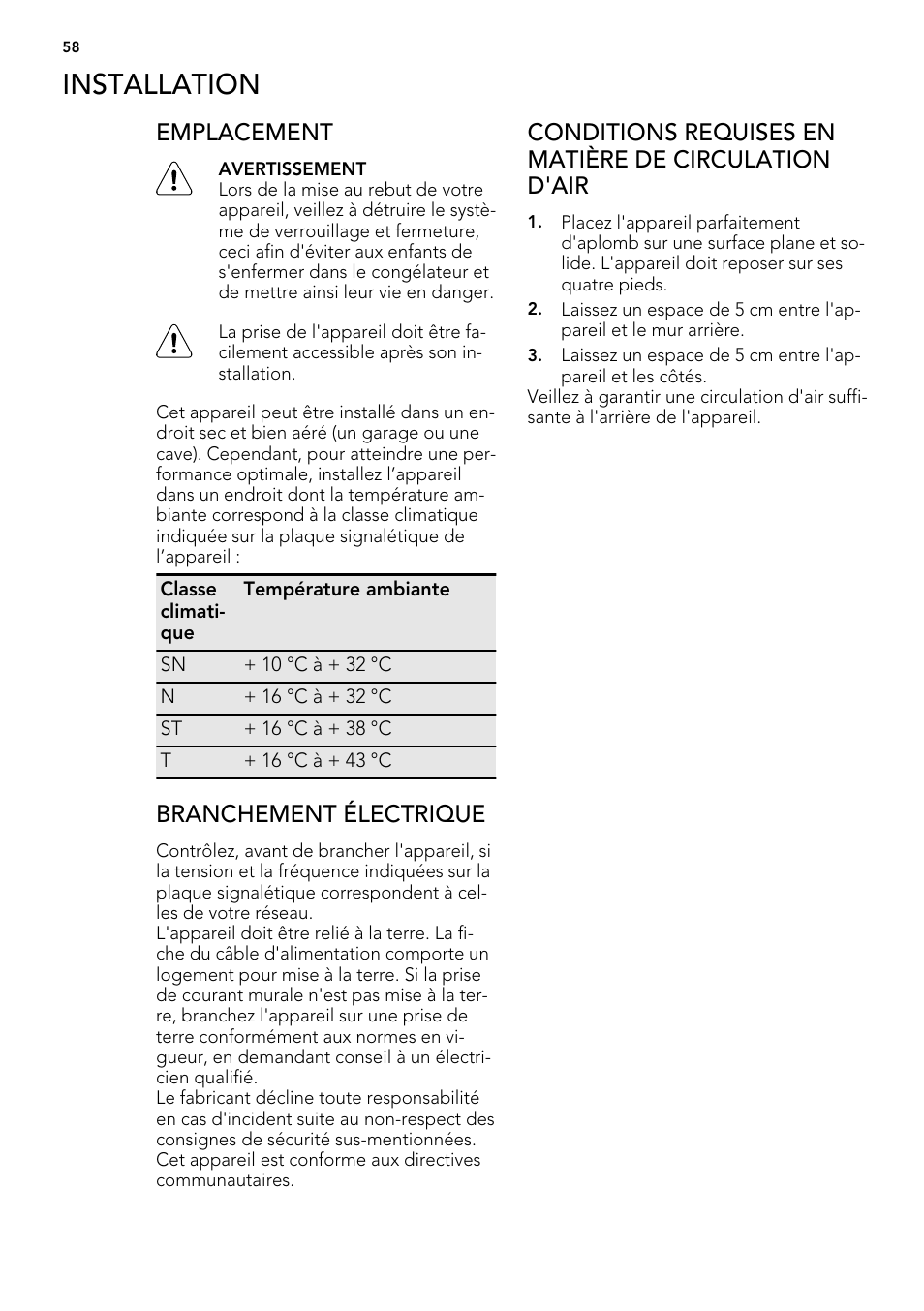 Installation, Emplacement, Branchement électrique | AEG A61900HLW0 User Manual | Page 58 / 84