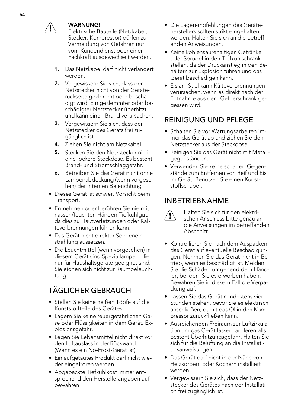 Täglicher gebrauch, Reinigung und pflege, Inbetriebnahme | AEG A61900HLW0 User Manual | Page 64 / 84