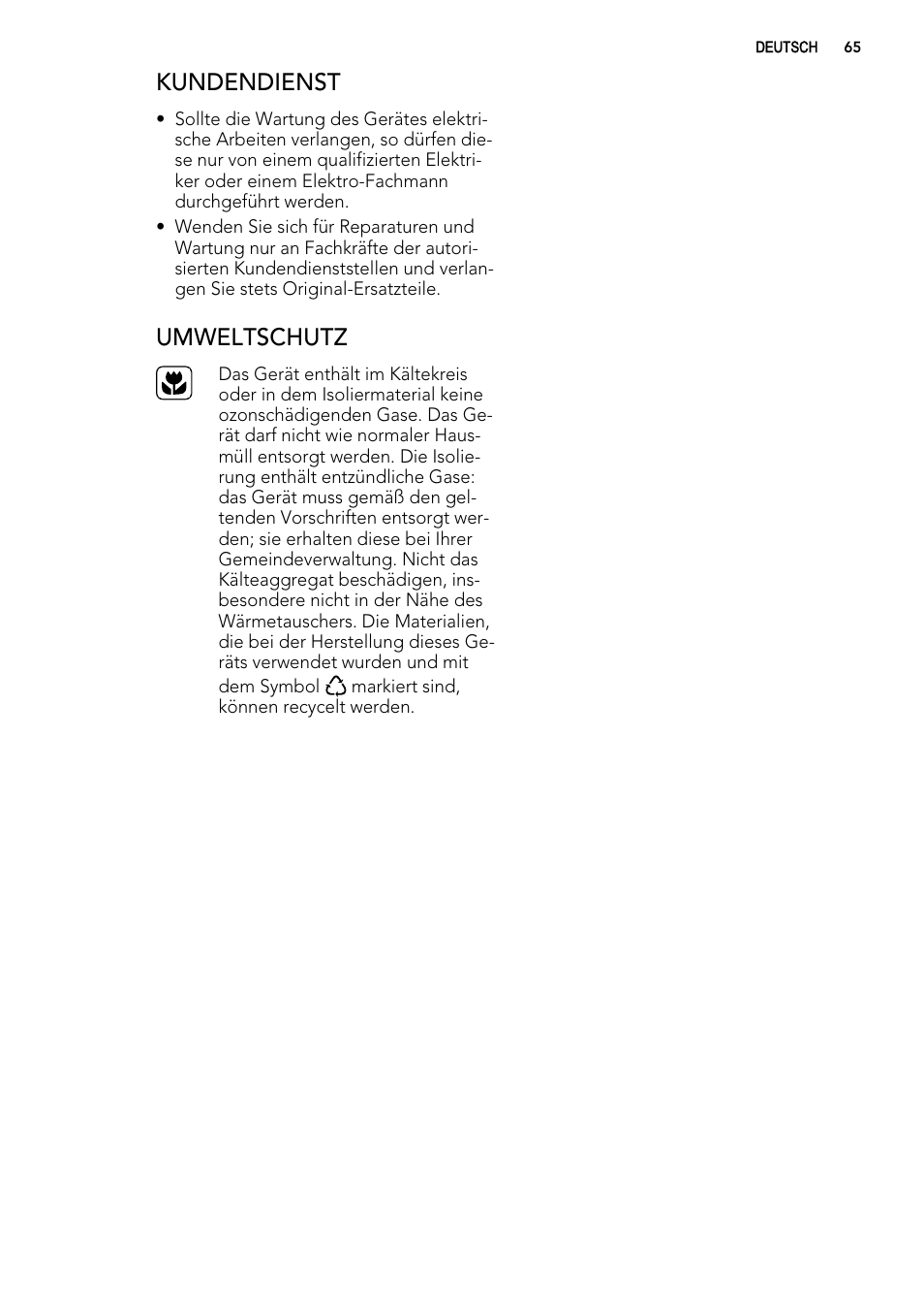 Kundendienst, Umweltschutz | AEG A61900HLW0 User Manual | Page 65 / 84