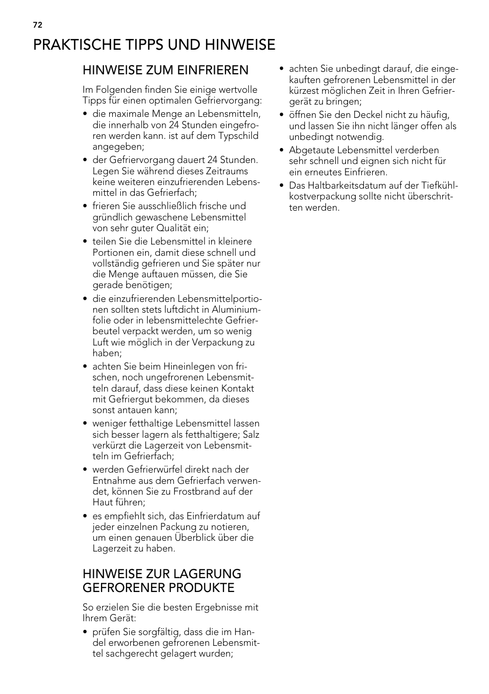 Praktische tipps und hinweise, Hinweise zum einfrieren, Hinweise zur lagerung gefrorener produkte | AEG A61900HLW0 User Manual | Page 72 / 84