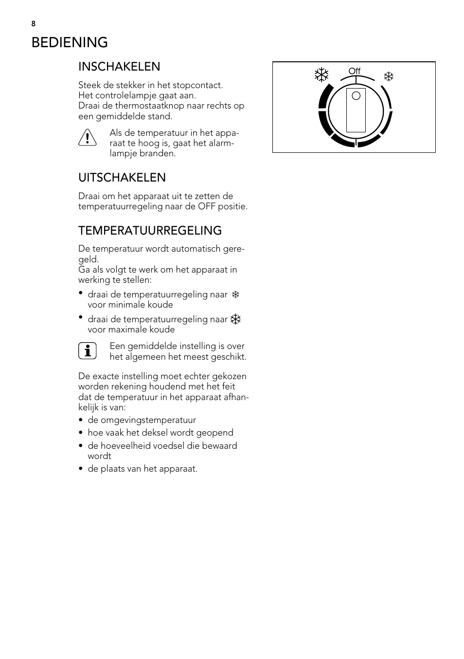 Bediening, Inschakelen, Uitschakelen | Temperatuurregeling | AEG A61900HLW0 User Manual | Page 8 / 84