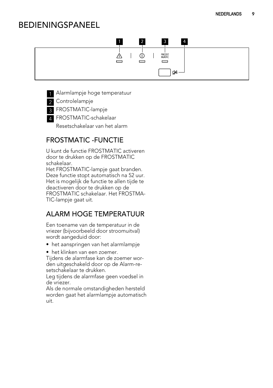 Bedieningspaneel, Frostmatic -functie, Alarm hoge temperatuur | AEG A61900HLW0 User Manual | Page 9 / 84