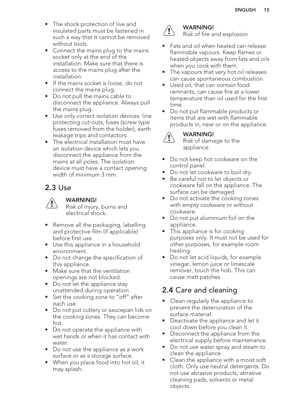 3 use, 4 care and cleaning | AEG HE604000H User Manual | Page 15 / 44