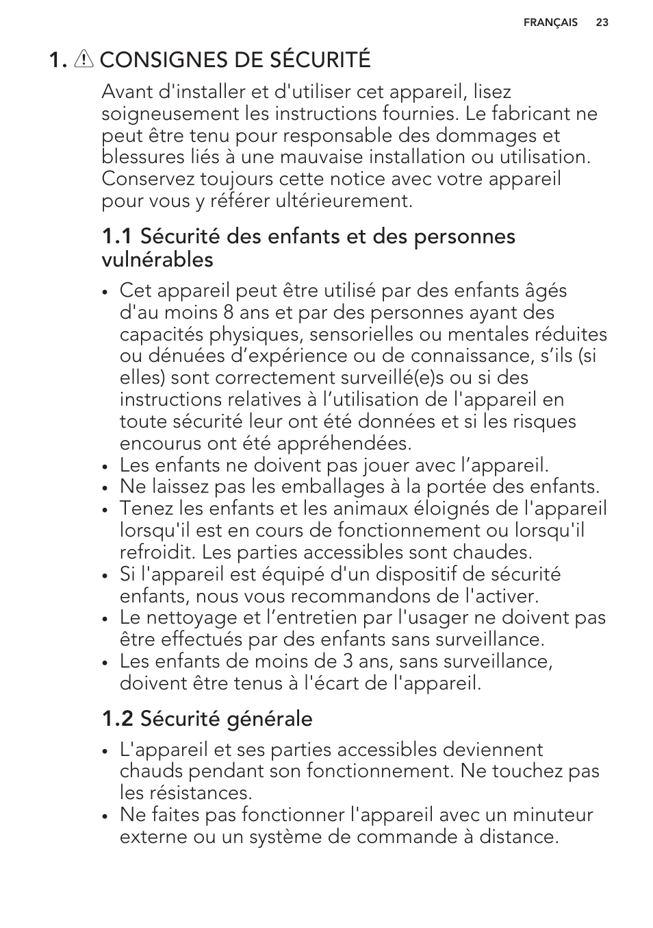 Consignes de sécurité, 2 sécurité générale | AEG HE604000H User Manual | Page 23 / 44