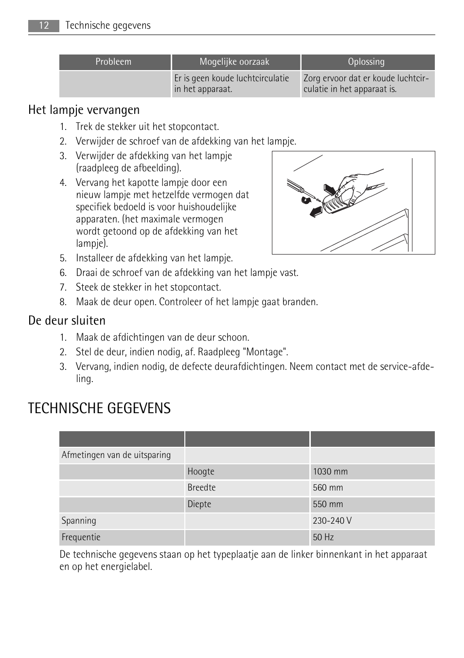 Technische gegevens, Het lampje vervangen, De deur sluiten | AEG SKD81840S1 User Manual | Page 12 / 100