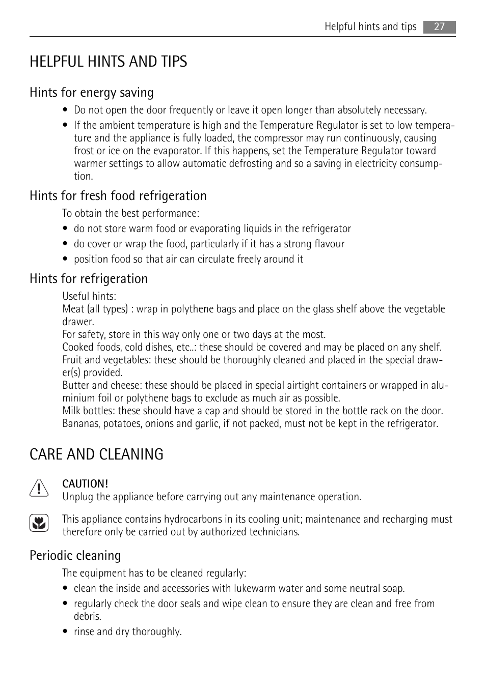 Helpful hints and tips, Care and cleaning, Hints for energy saving | Hints for fresh food refrigeration, Hints for refrigeration, Periodic cleaning | AEG SKD81840S1 User Manual | Page 27 / 100