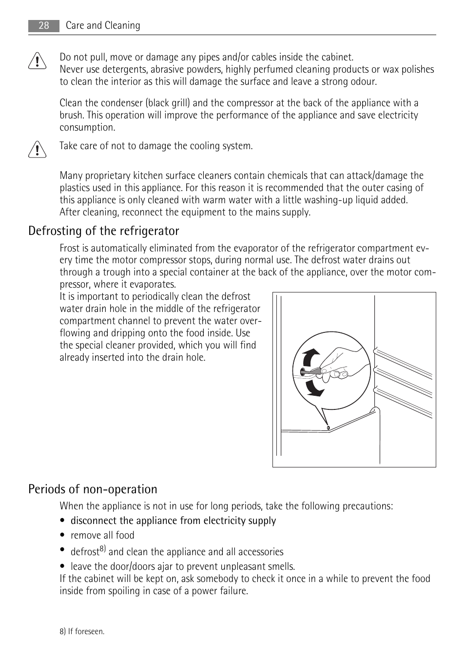 Defrosting of the refrigerator, Periods of non-operation | AEG SKD81840S1 User Manual | Page 28 / 100
