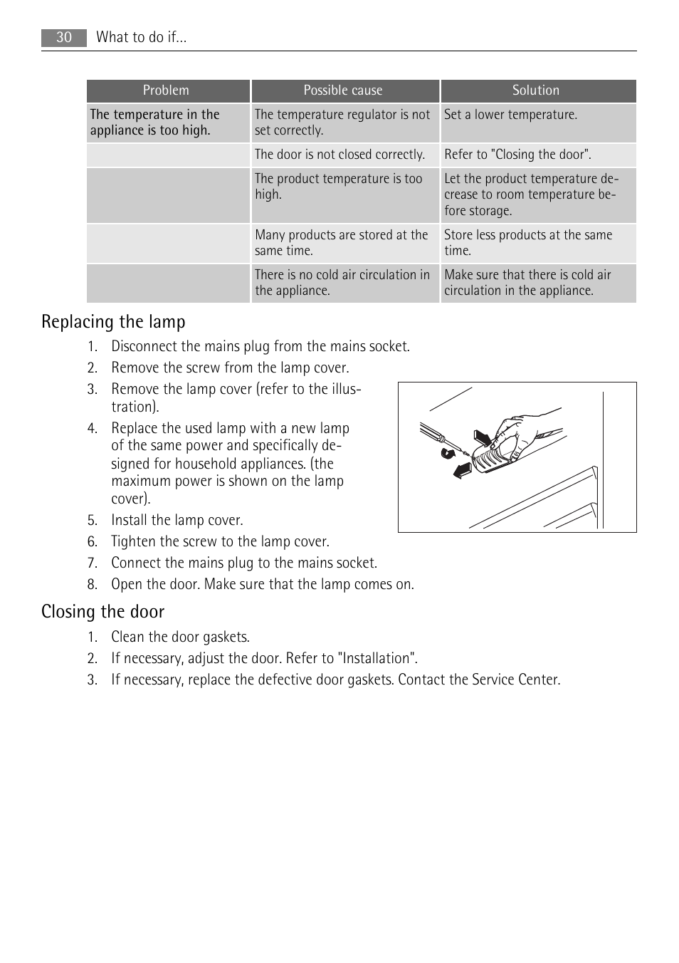 Replacing the lamp, Closing the door | AEG SKD81840S1 User Manual | Page 30 / 100