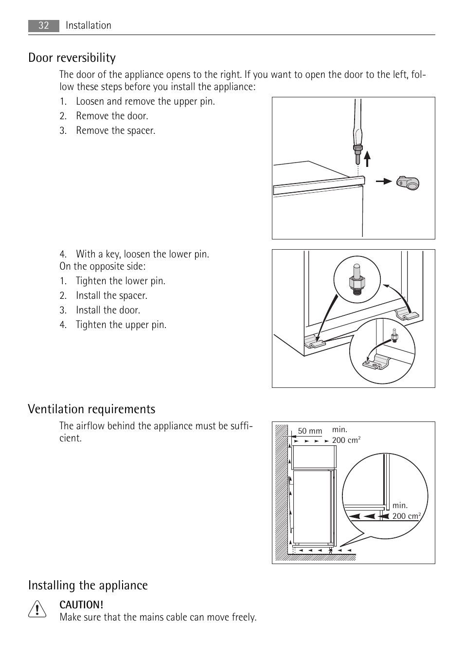 Door reversibility, Ventilation requirements, Installing the appliance | AEG SKD81840S1 User Manual | Page 32 / 100