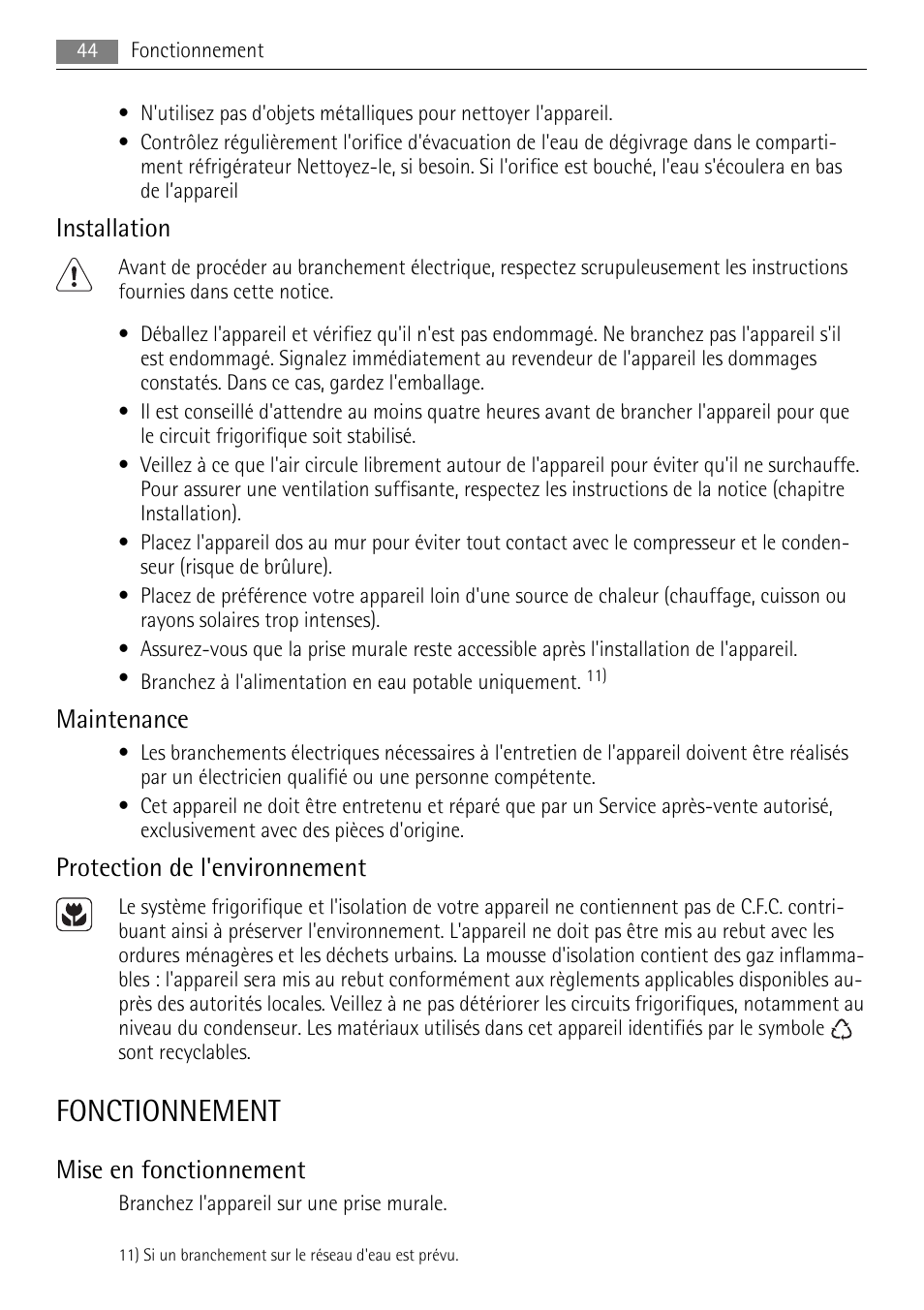 Fonctionnement, Installation, Maintenance | Protection de l'environnement, Mise en fonctionnement | AEG SKD81840S1 User Manual | Page 44 / 100