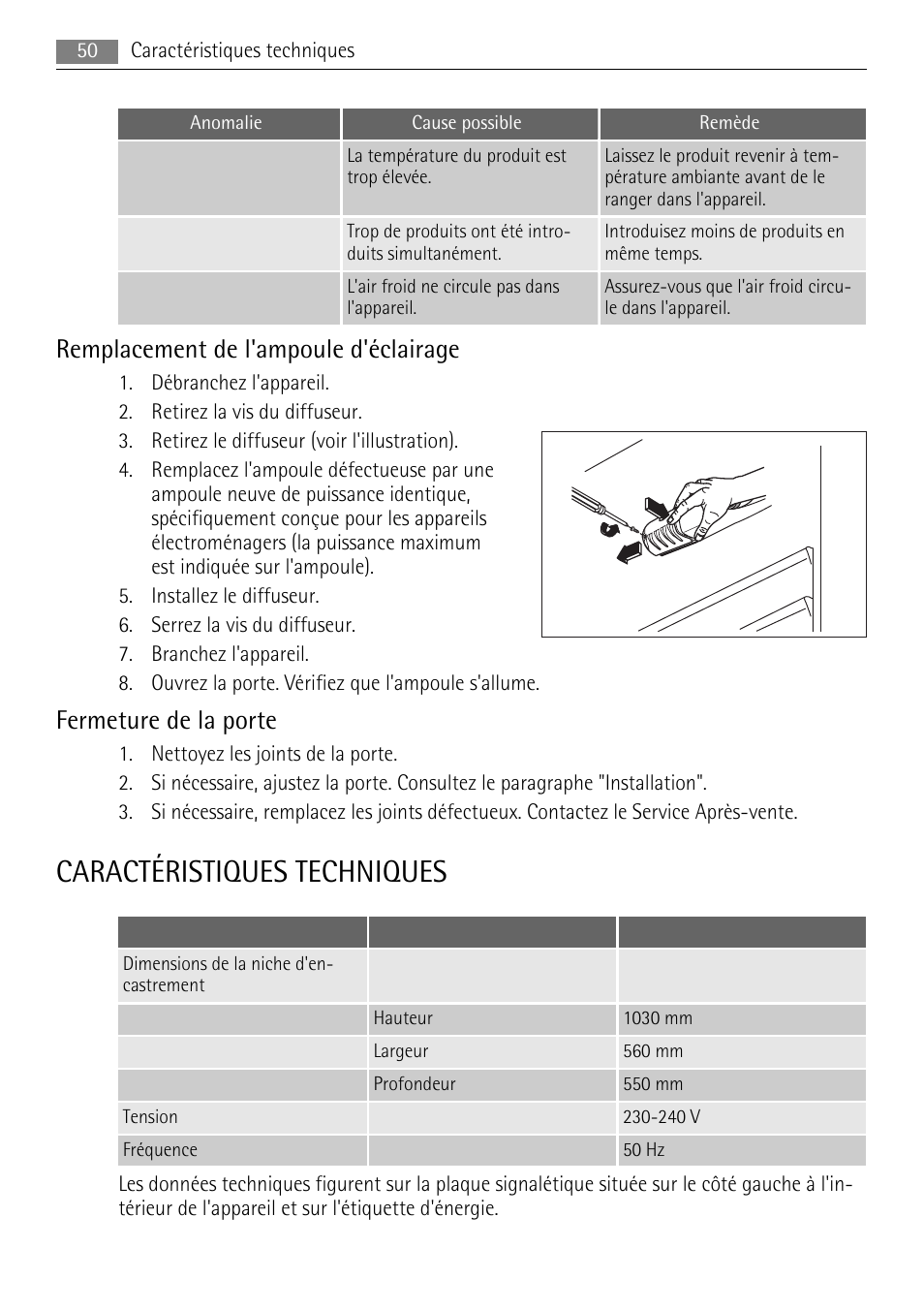 Caractéristiques techniques, Remplacement de l'ampoule d'éclairage, Fermeture de la porte | AEG SKD81840S1 User Manual | Page 50 / 100
