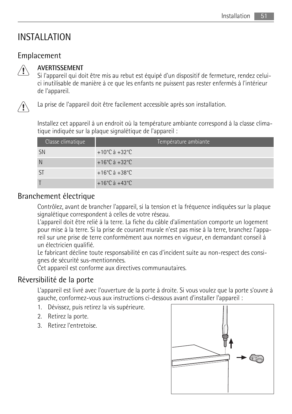 Installation, Emplacement, Branchement électrique | Réversibilité de la porte | AEG SKD81840S1 User Manual | Page 51 / 100