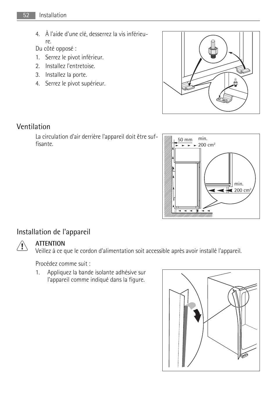 Ventilation, Installation de l'appareil | AEG SKD81840S1 User Manual | Page 52 / 100