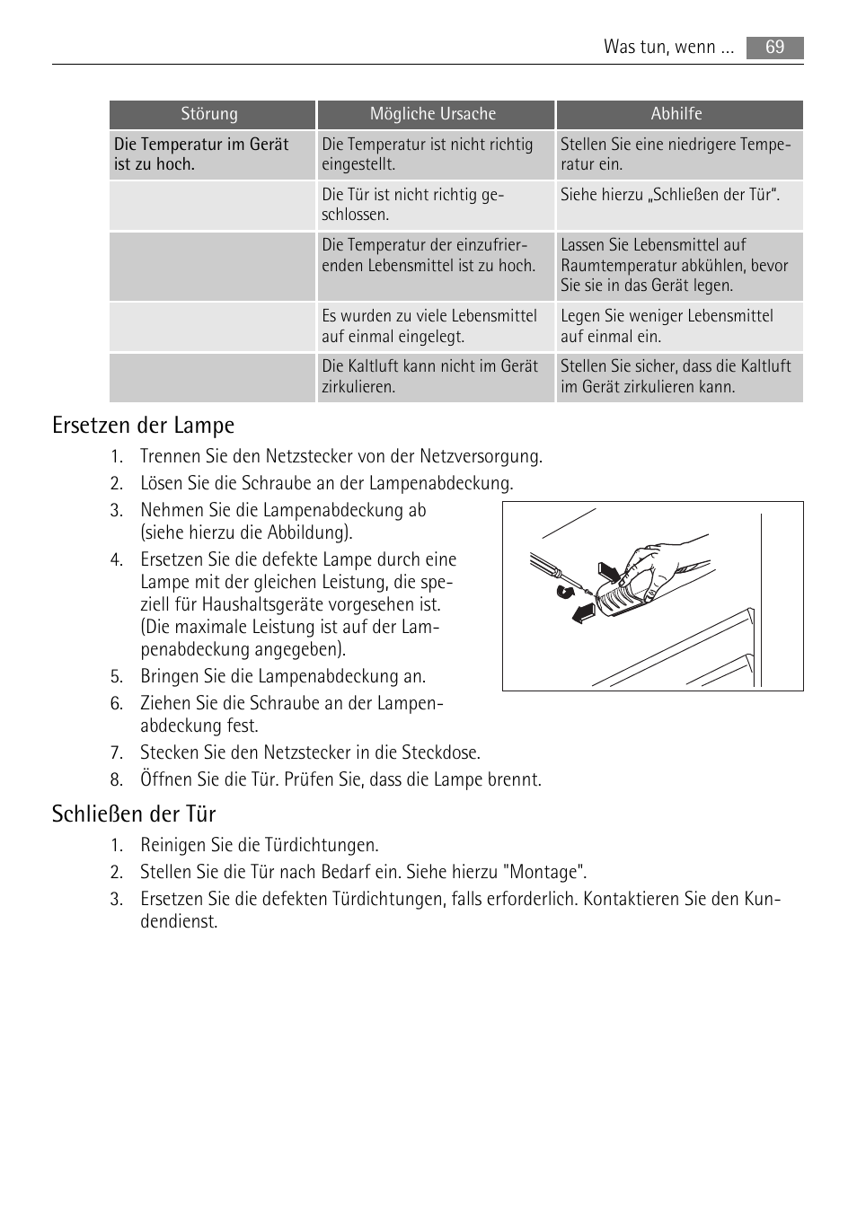 Ersetzen der lampe, Schließen der tür | AEG SKD81840S1 User Manual | Page 69 / 100