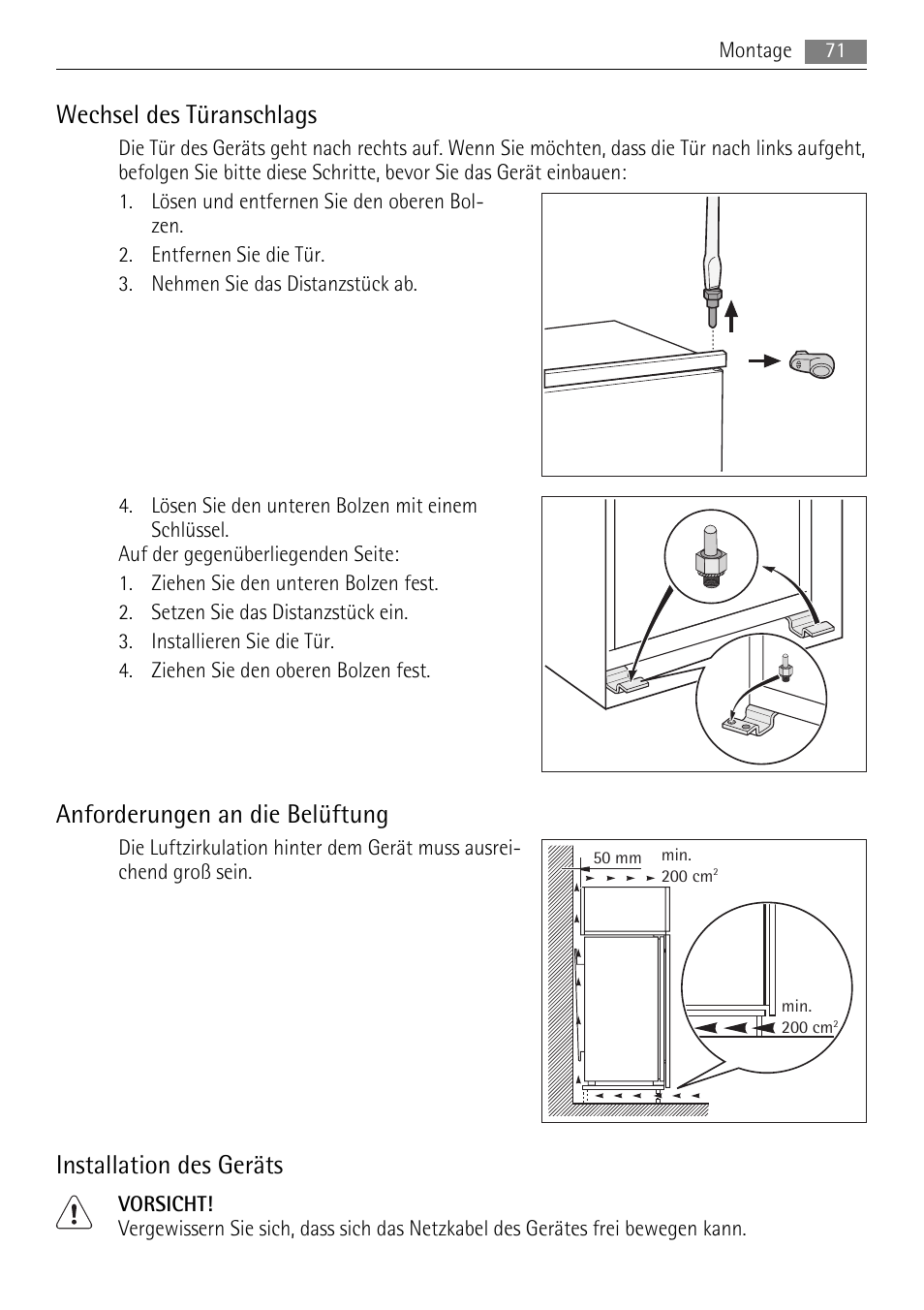 Wechsel des türanschlags, Anforderungen an die belüftung, Installation des geräts | AEG SKD81840S1 User Manual | Page 71 / 100