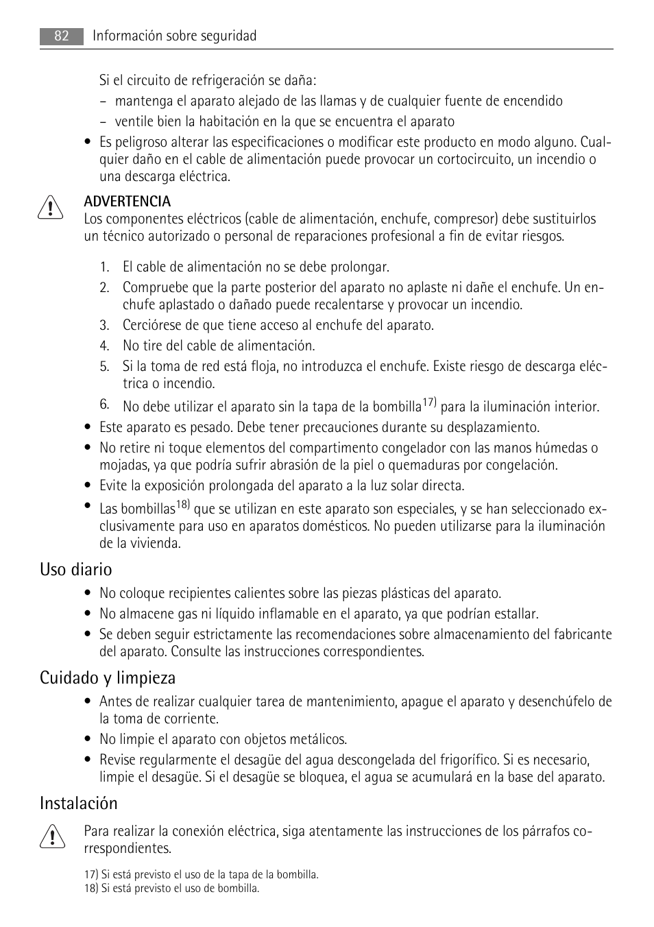 Uso diario, Cuidado y limpieza, Instalación | AEG SKD81840S1 User Manual | Page 82 / 100