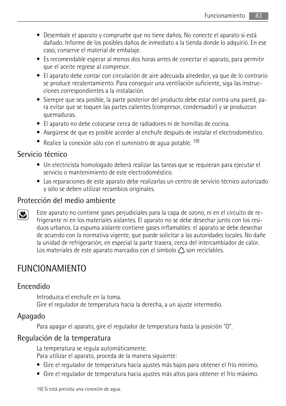 Funcionamiento, Servicio técnico, Protección del medio ambiente | Encendido, Apagado, Regulación de la temperatura | AEG SKD81840S1 User Manual | Page 83 / 100