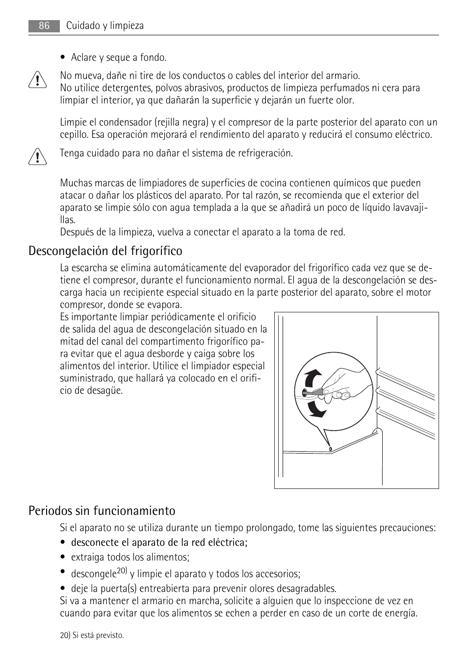 Descongelación del frigorífico, Periodos sin funcionamiento | AEG SKD81840S1 User Manual | Page 86 / 100