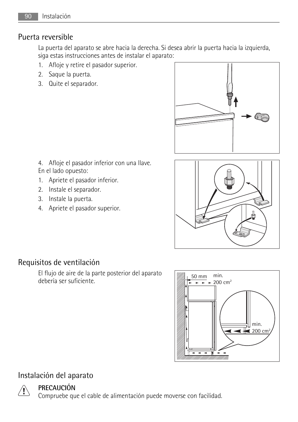 Puerta reversible, Requisitos de ventilación, Instalación del aparato | AEG SKD81840S1 User Manual | Page 90 / 100