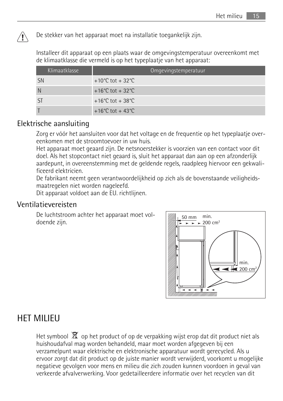 Het milieu, Elektrische aansluiting, Ventilatievereisten | AEG SKS51200S0 User Manual | Page 15 / 76
