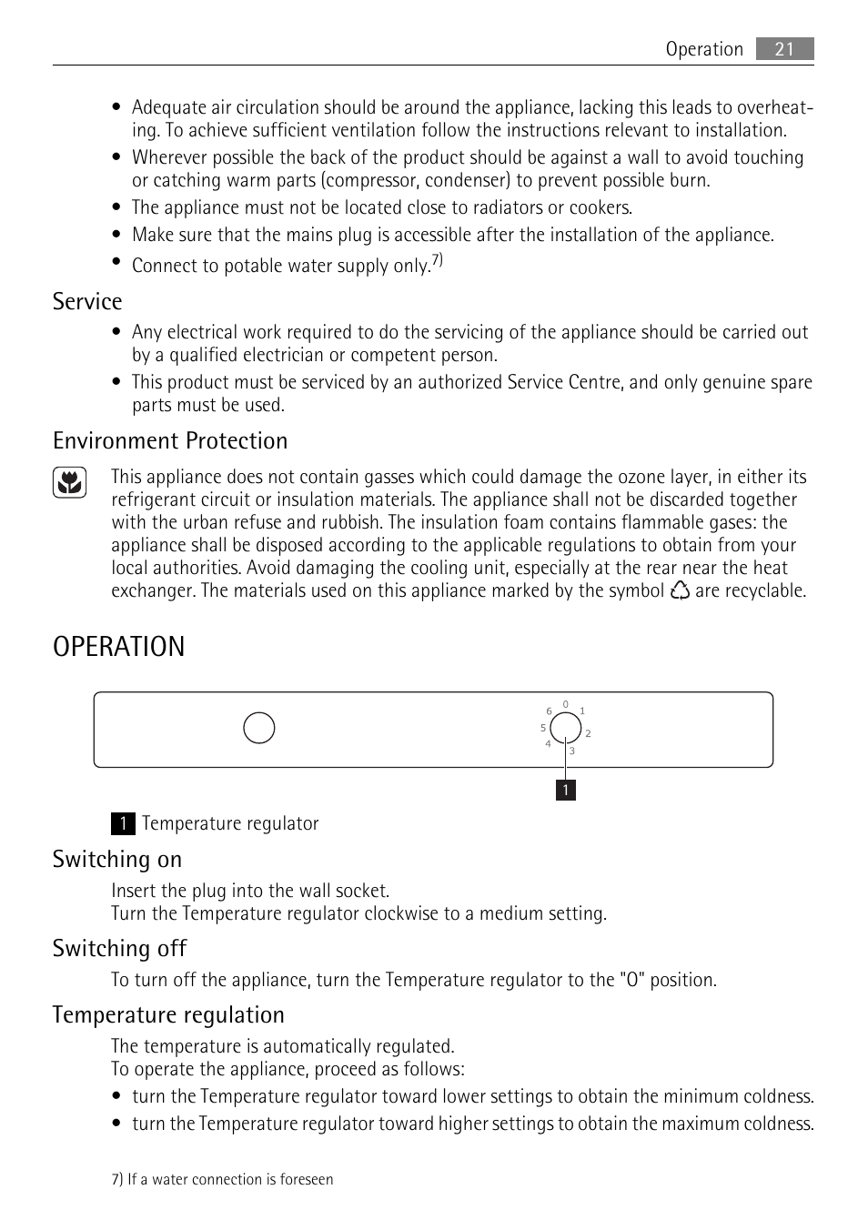Operation, Service, Environment protection | Switching on, Switching off, Temperature regulation | AEG SKS51200S0 User Manual | Page 21 / 76