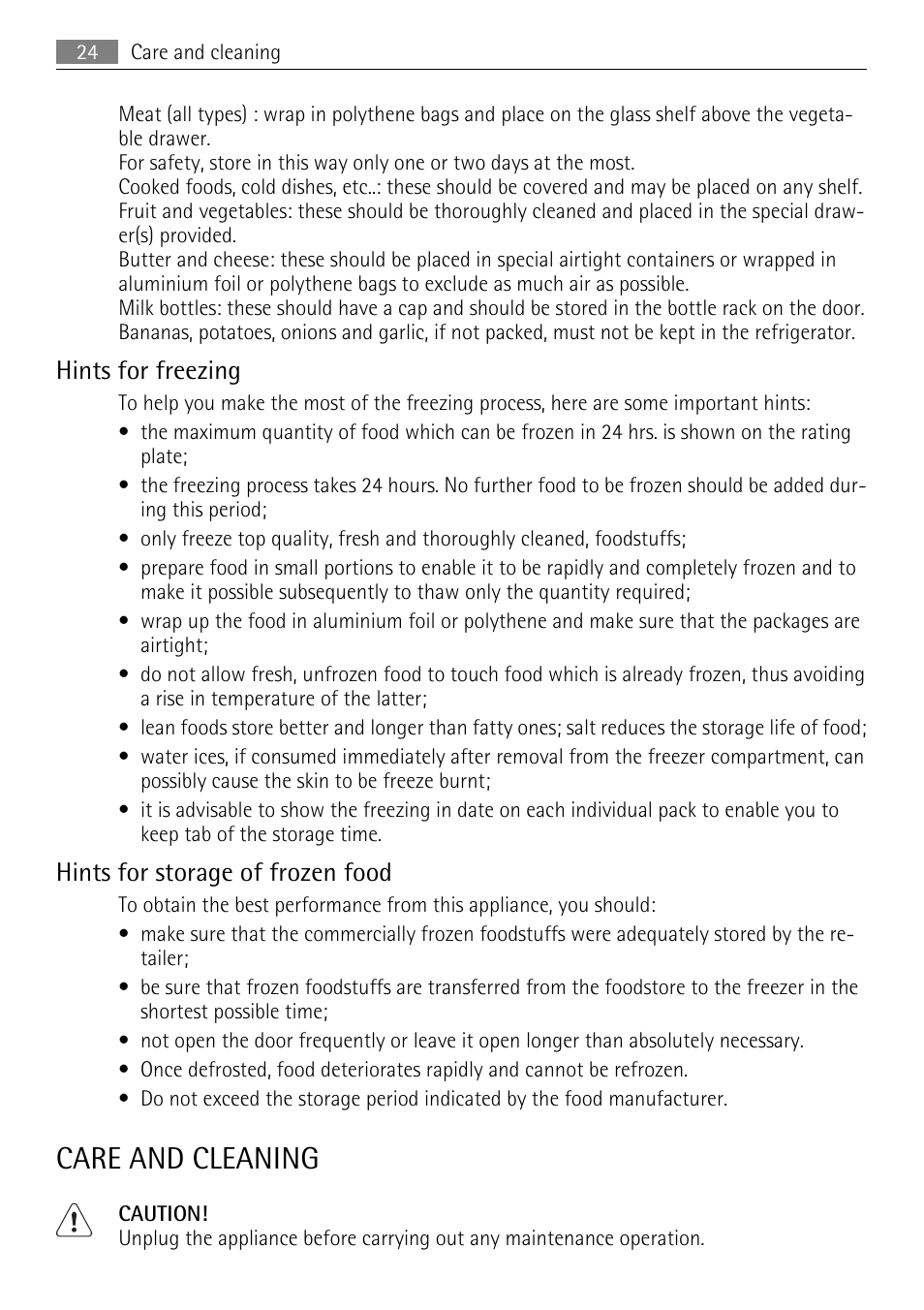 Care and cleaning, Hints for freezing, Hints for storage of frozen food | AEG SKS51200S0 User Manual | Page 24 / 76