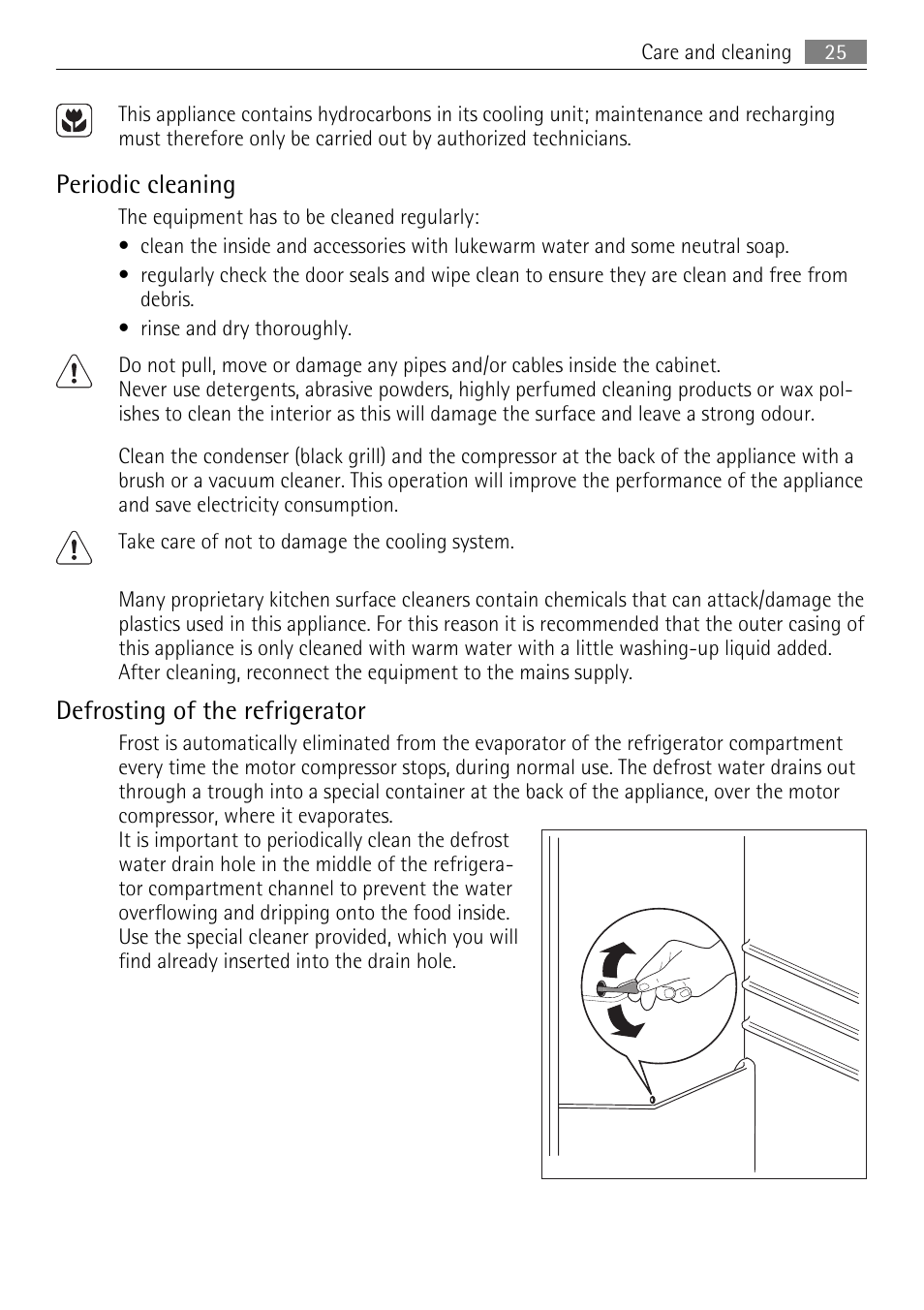 Periodic cleaning, Defrosting of the refrigerator | AEG SKS51200S0 User Manual | Page 25 / 76