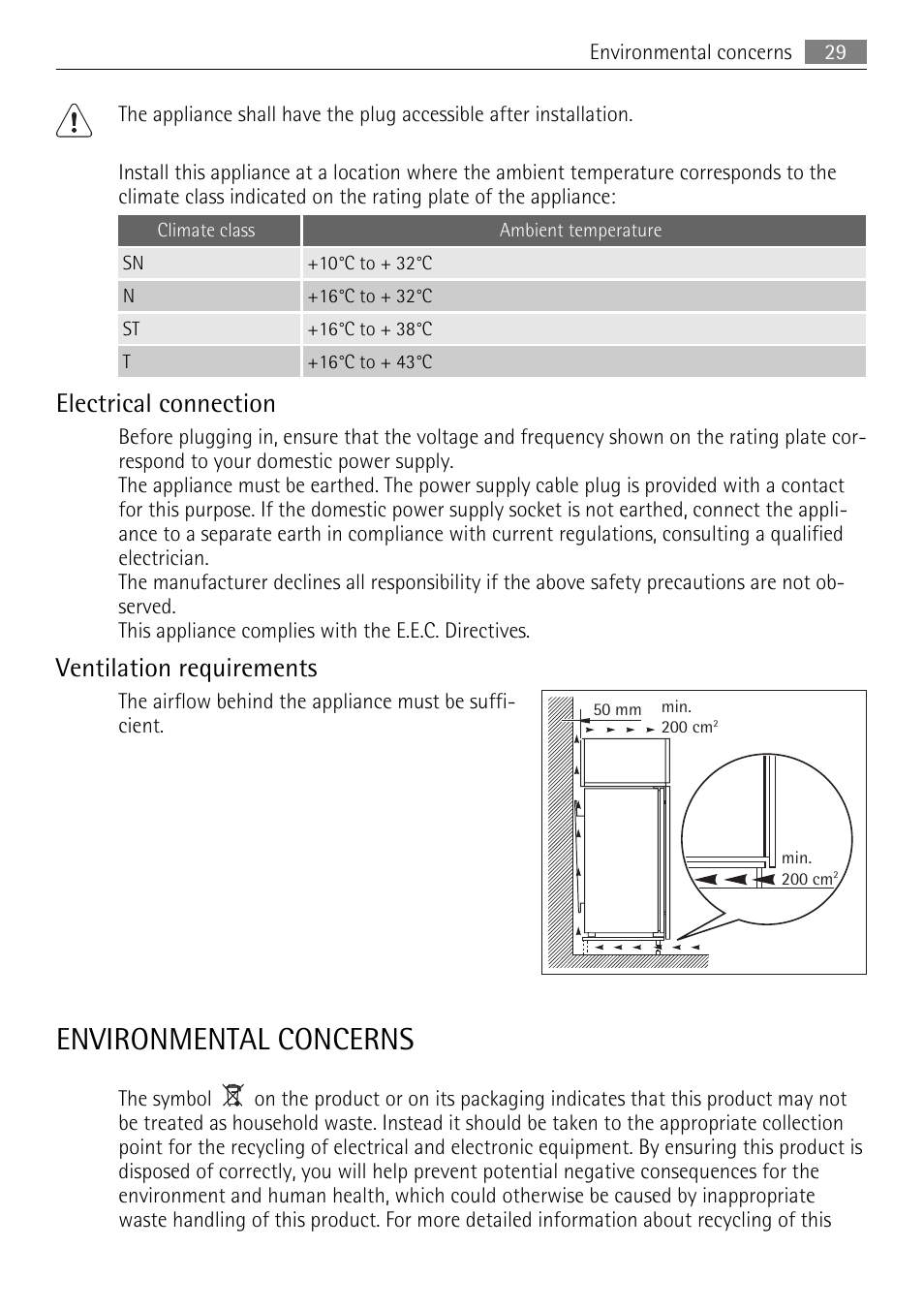 Environmental concerns, Electrical connection, Ventilation requirements | AEG SKS51200S0 User Manual | Page 29 / 76