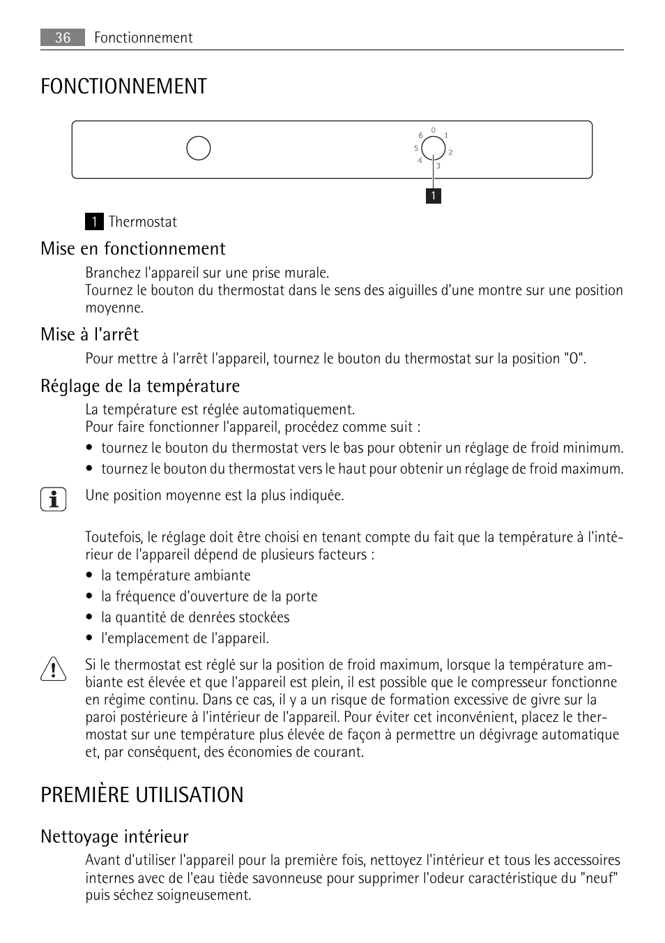 Fonctionnement, Première utilisation, Mise en fonctionnement | Mise à l'arrêt, Réglage de la température, Nettoyage intérieur | AEG SKS51200S0 User Manual | Page 36 / 76