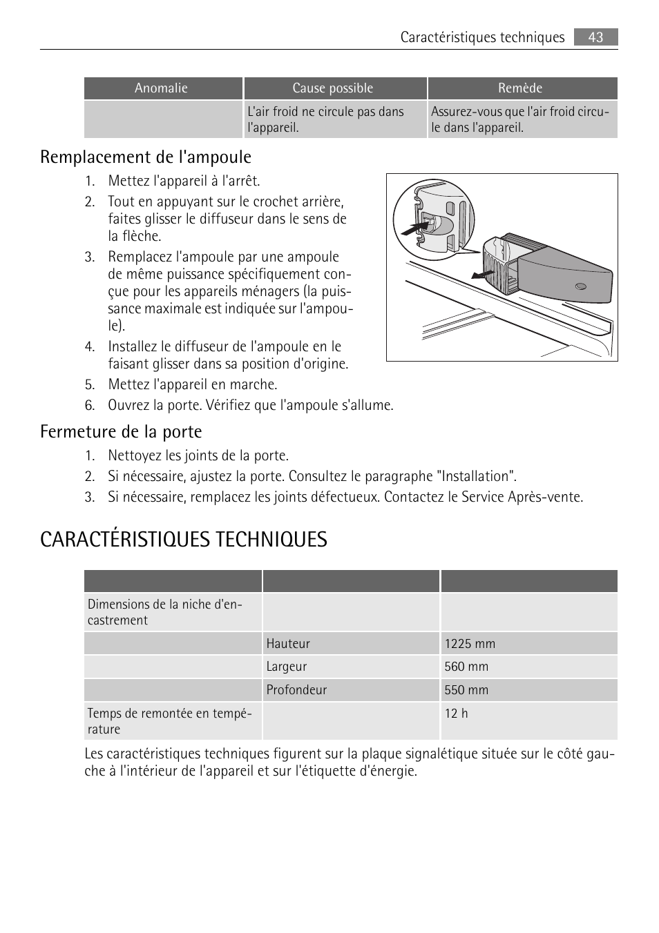 Caractéristiques techniques, Remplacement de l'ampoule, Fermeture de la porte | AEG SKS51200S0 User Manual | Page 43 / 76