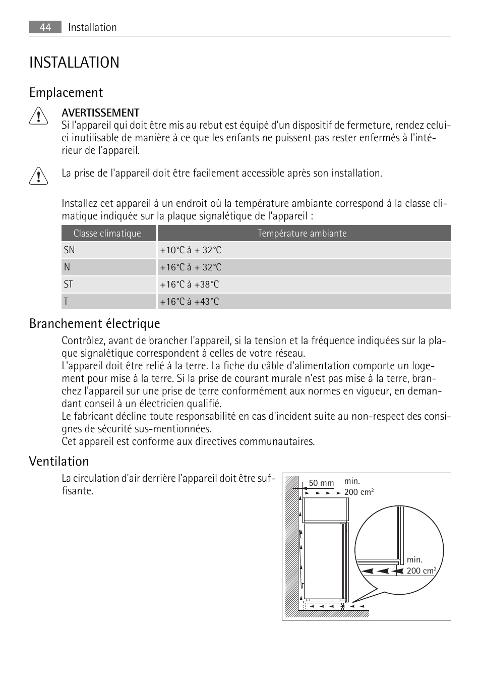 Installation, Emplacement, Branchement électrique | Ventilation | AEG SKS51200S0 User Manual | Page 44 / 76