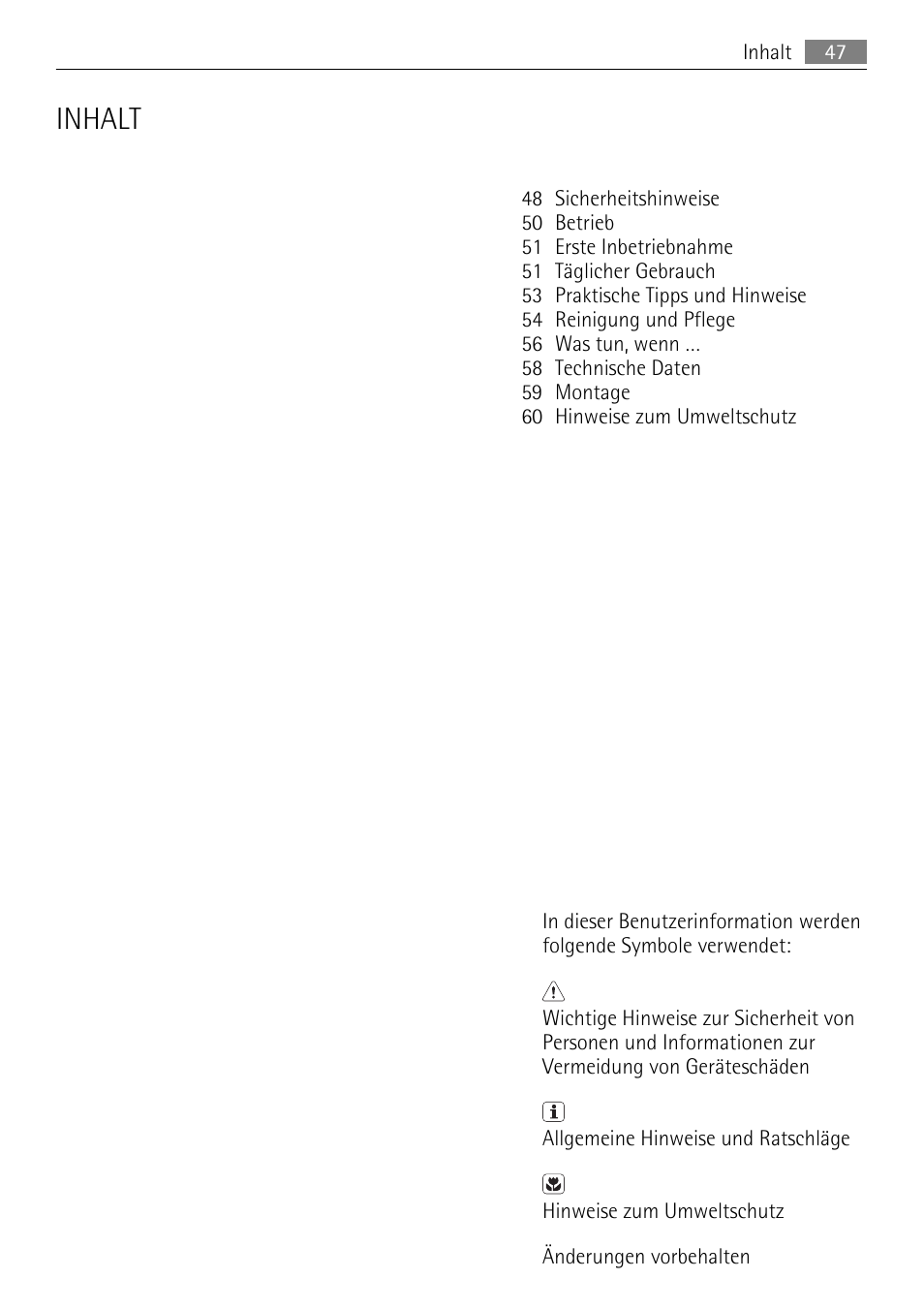 Inhalt | AEG SKS51200S0 User Manual | Page 47 / 76