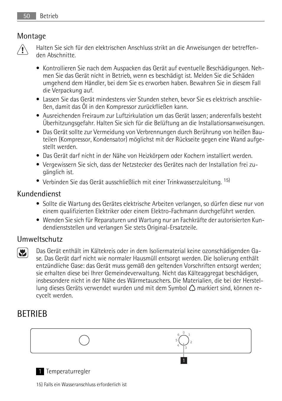 Betrieb, Montage, Kundendienst | Umweltschutz | AEG SKS51200S0 User Manual | Page 50 / 76