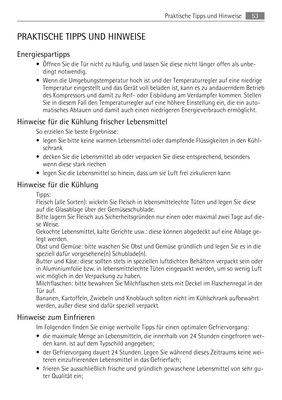 Praktische tipps und hinweise, Energiespartipps, Hinweise für die kühlung frischer lebensmittel | Hinweise für die kühlung, Hinweise zum einfrieren | AEG SKS51200S0 User Manual | Page 53 / 76