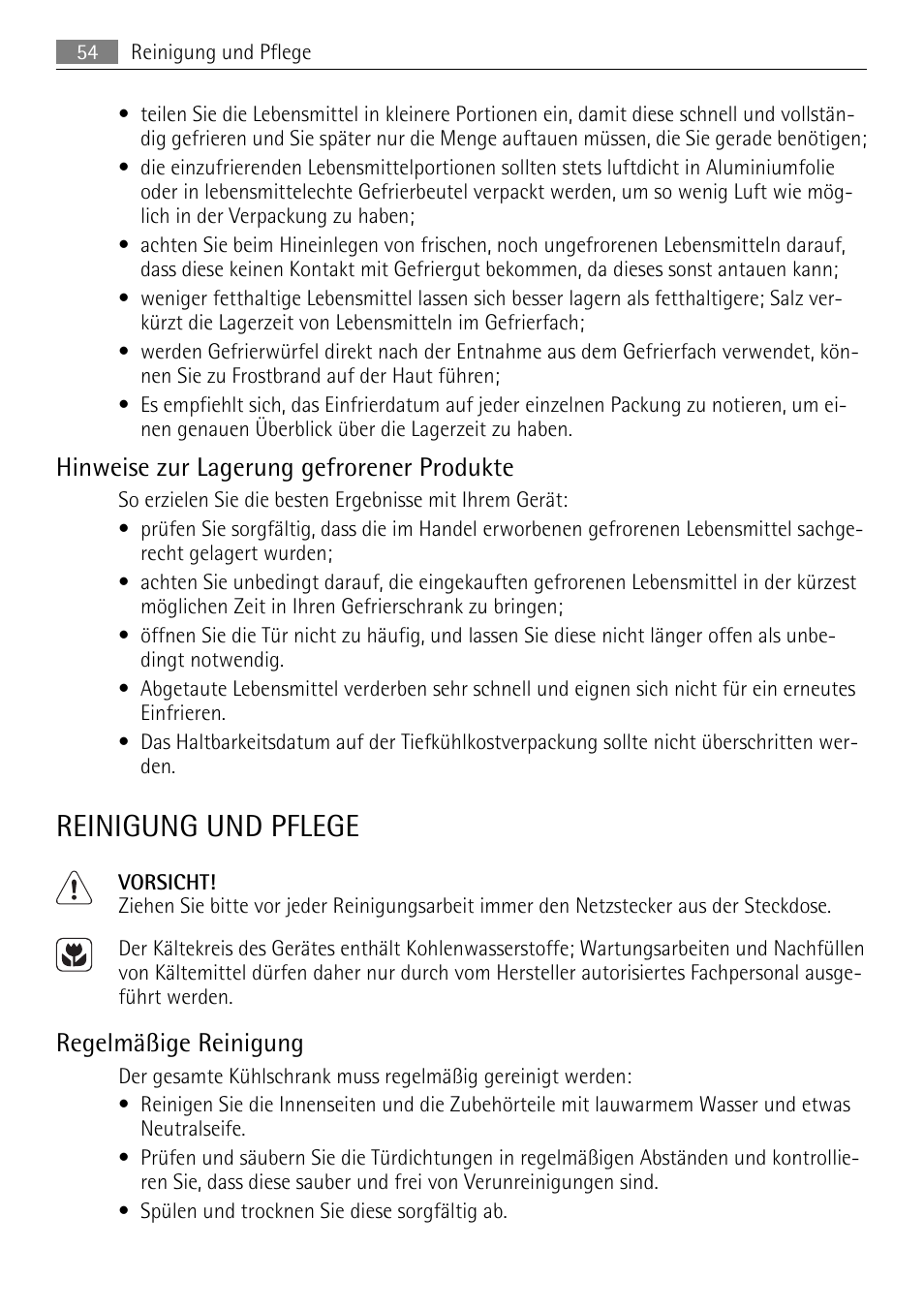 Reinigung und pflege, Hinweise zur lagerung gefrorener produkte, Regelmäßige reinigung | AEG SKS51200S0 User Manual | Page 54 / 76