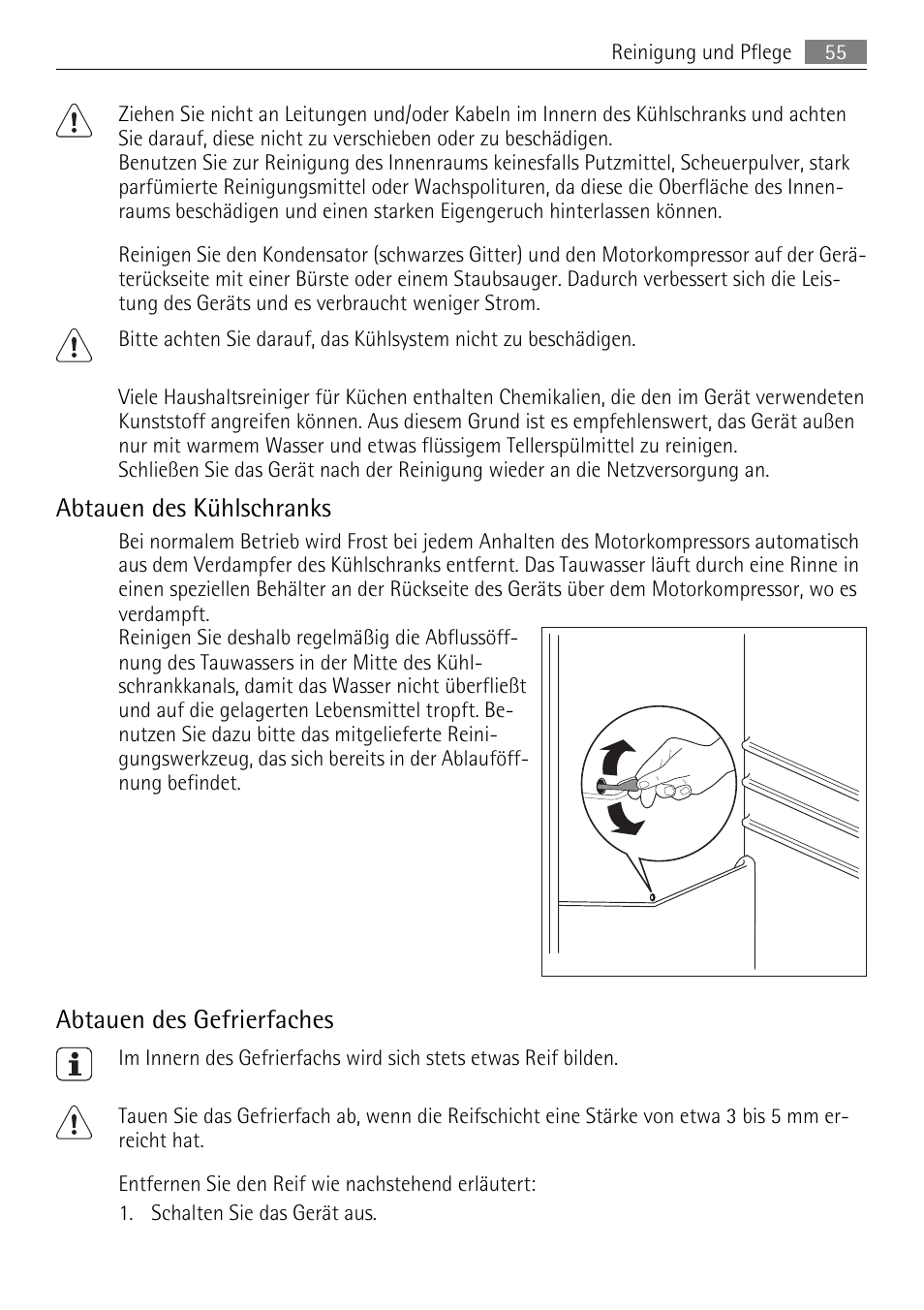 Abtauen des kühlschranks, Abtauen des gefrierfaches | AEG SKS51200S0 User Manual | Page 55 / 76
