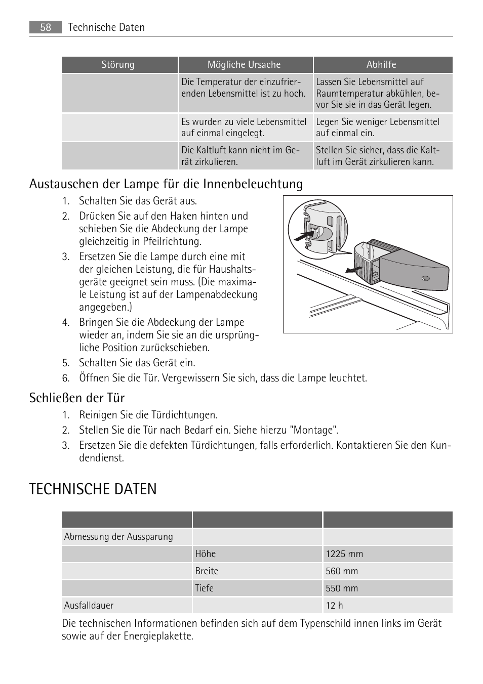 Technische daten, Austauschen der lampe für die innenbeleuchtung, Schließen der tür | AEG SKS51200S0 User Manual | Page 58 / 76