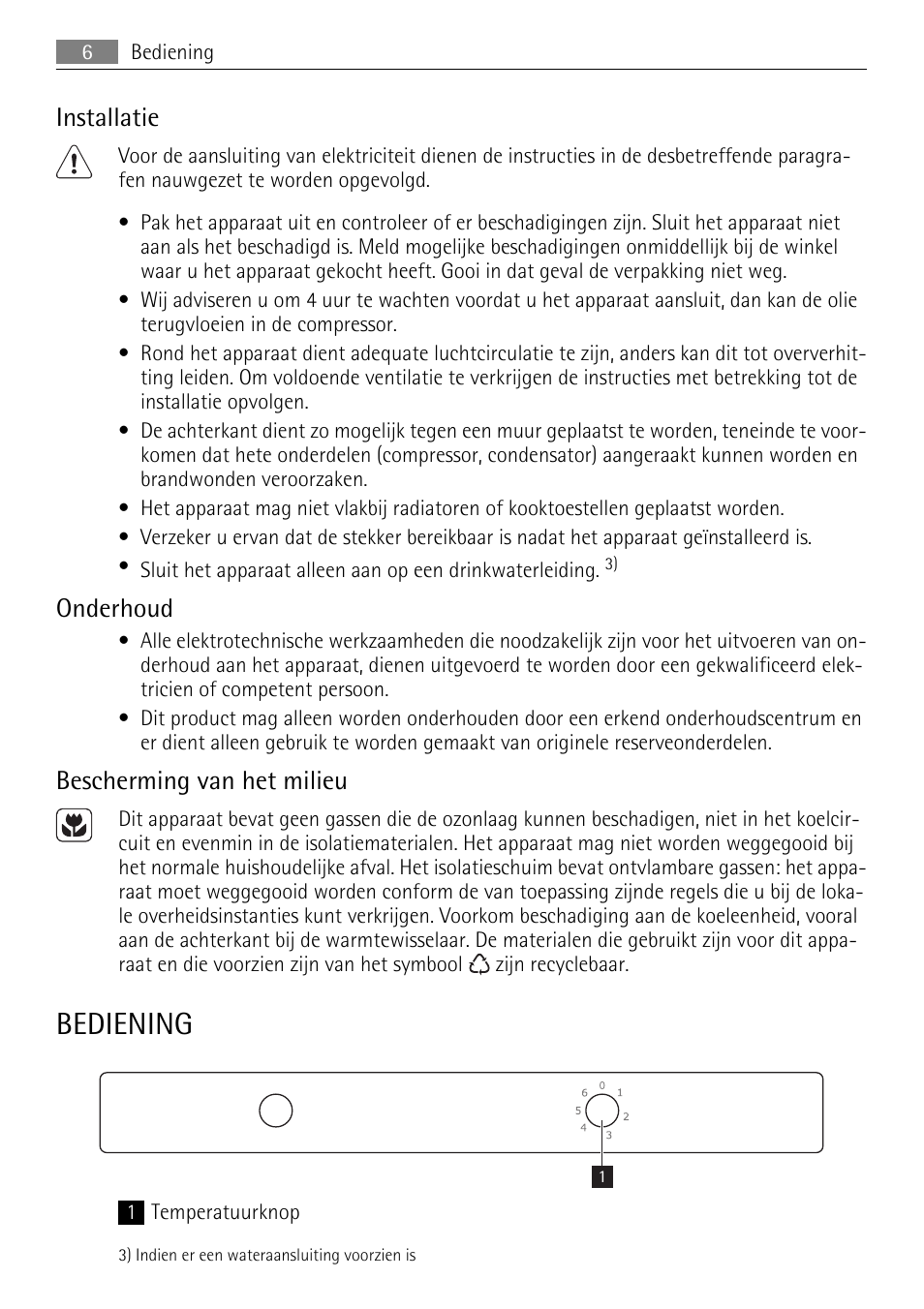 Bediening, Installatie, Onderhoud | Bescherming van het milieu | AEG SKS51200S0 User Manual | Page 6 / 76