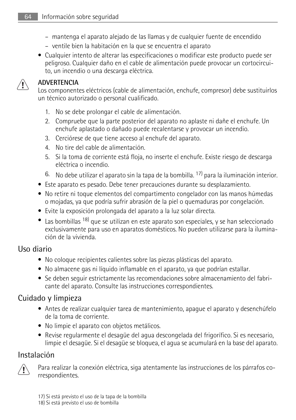 Uso diario, Cuidado y limpieza, Instalación | AEG SKS51200S0 User Manual | Page 64 / 76