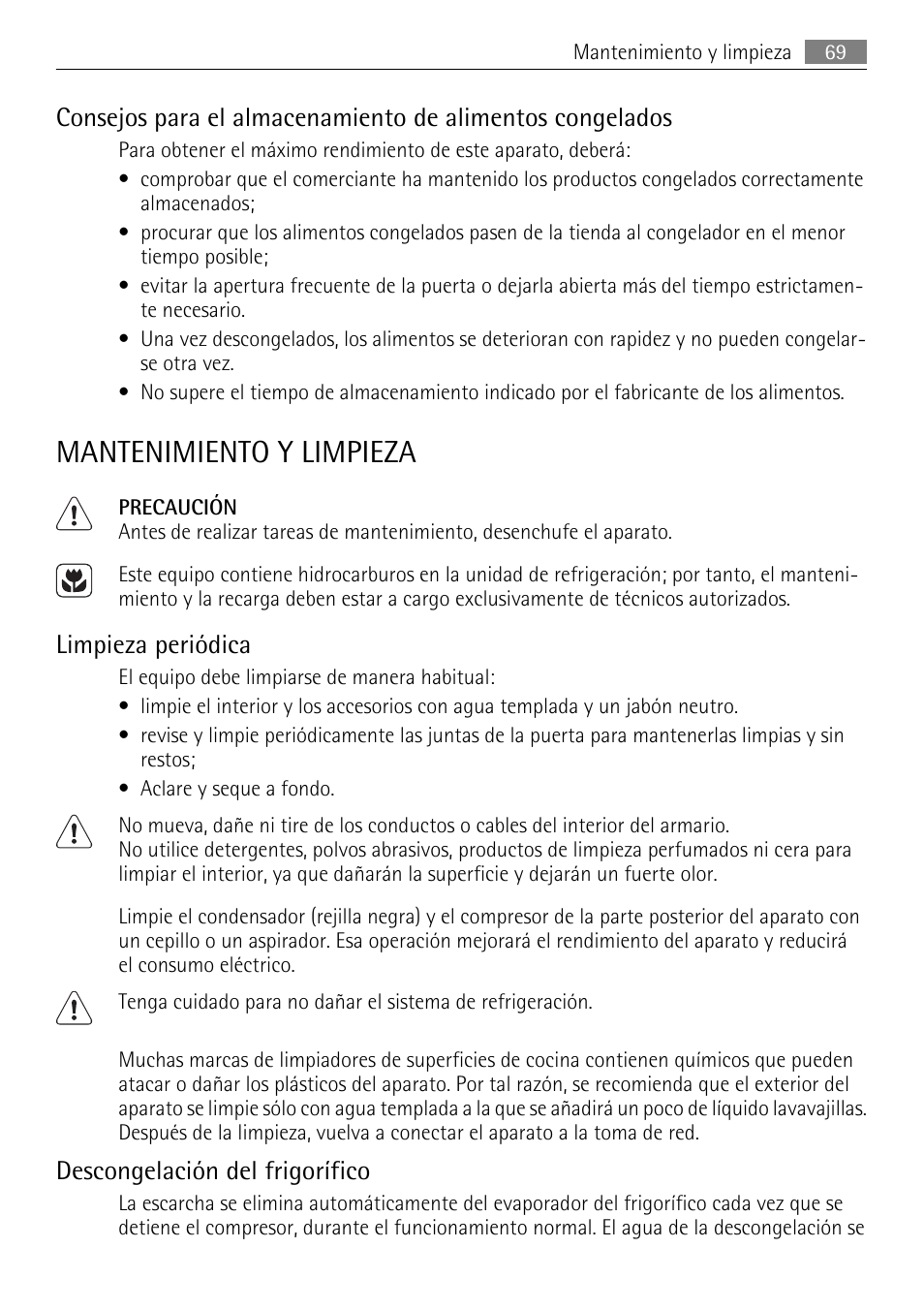 Mantenimiento y limpieza, Limpieza periódica, Descongelación del frigorífico | AEG SKS51200S0 User Manual | Page 69 / 76