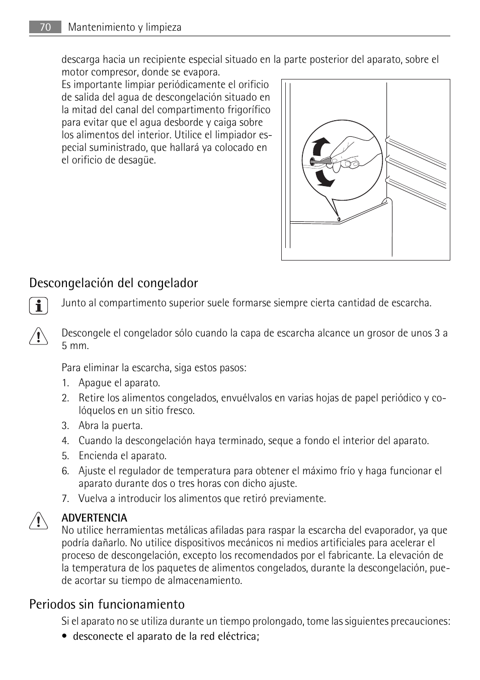 Descongelación del congelador, Periodos sin funcionamiento | AEG SKS51200S0 User Manual | Page 70 / 76