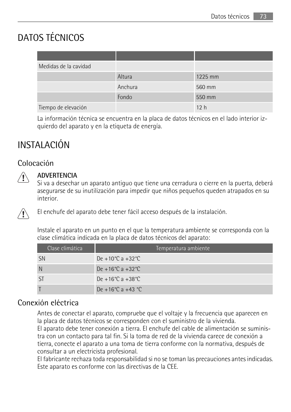 Datos técnicos, Instalación, Colocación | Conexión eléctrica | AEG SKS51200S0 User Manual | Page 73 / 76