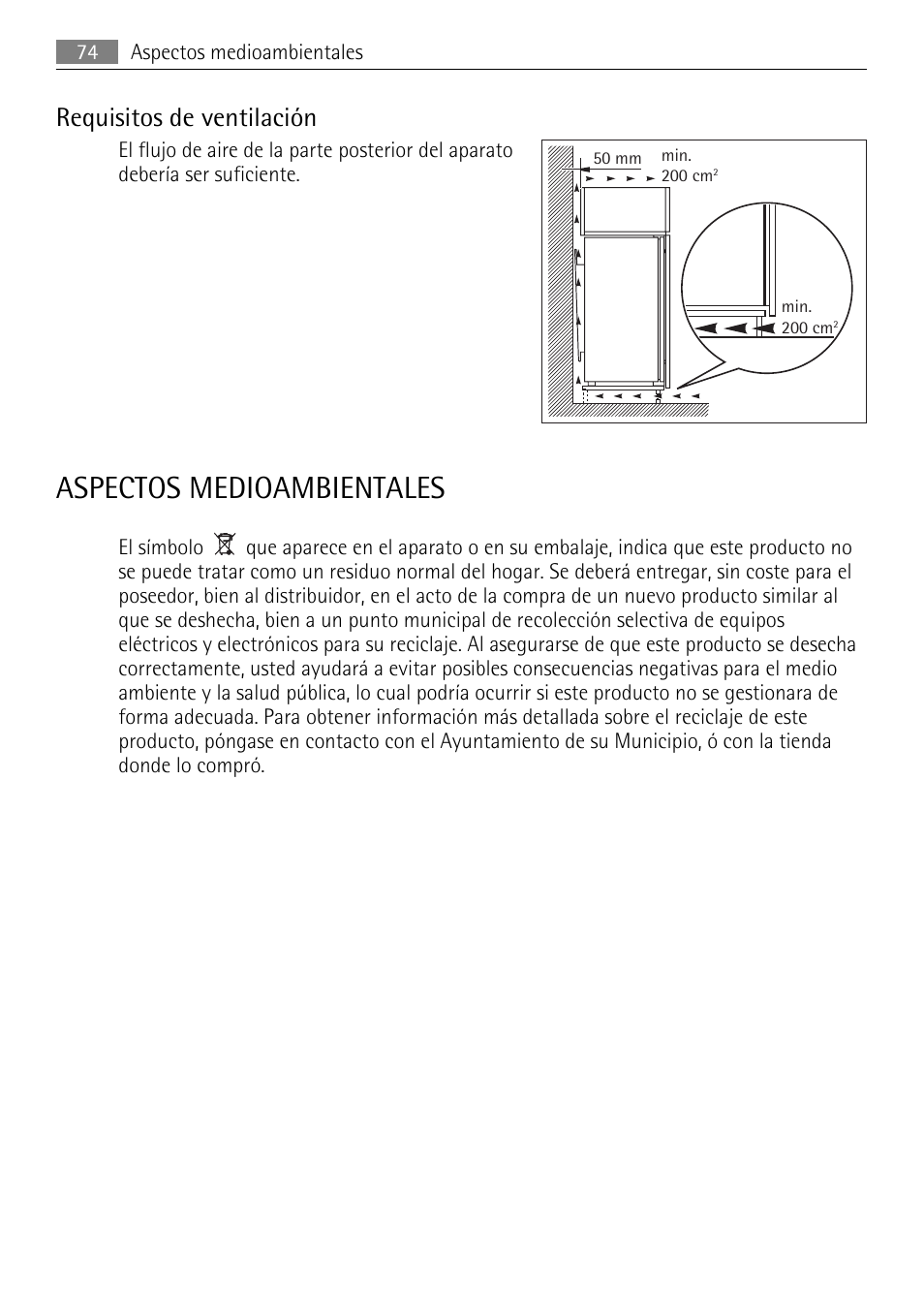 Aspectos medioambientales, Requisitos de ventilación | AEG SKS51200S0 User Manual | Page 74 / 76