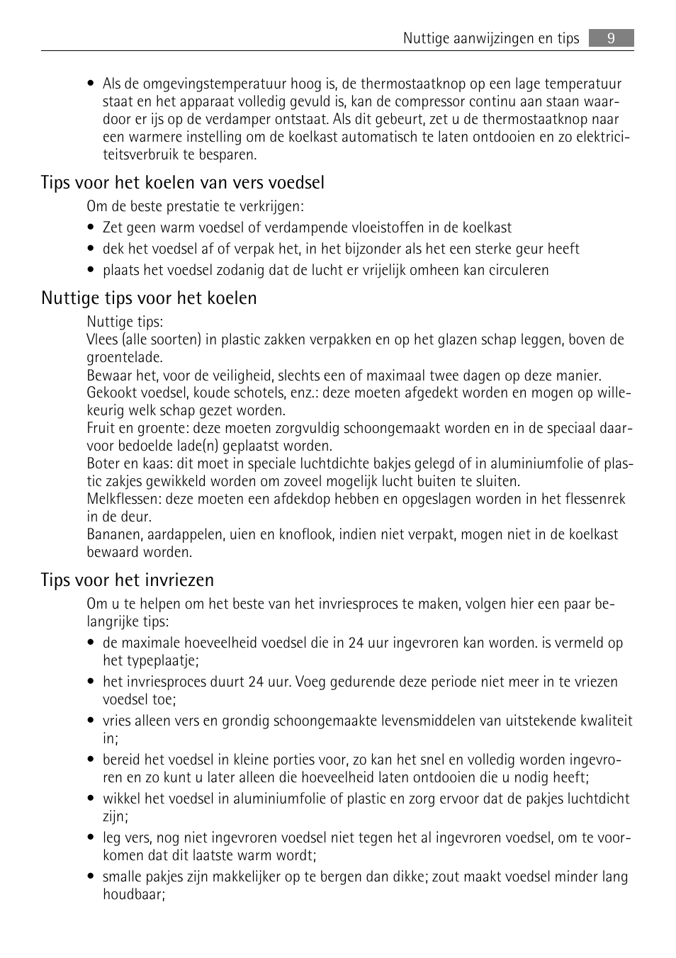 Tips voor het koelen van vers voedsel, Nuttige tips voor het koelen, Tips voor het invriezen | AEG SKS51200S0 User Manual | Page 9 / 76